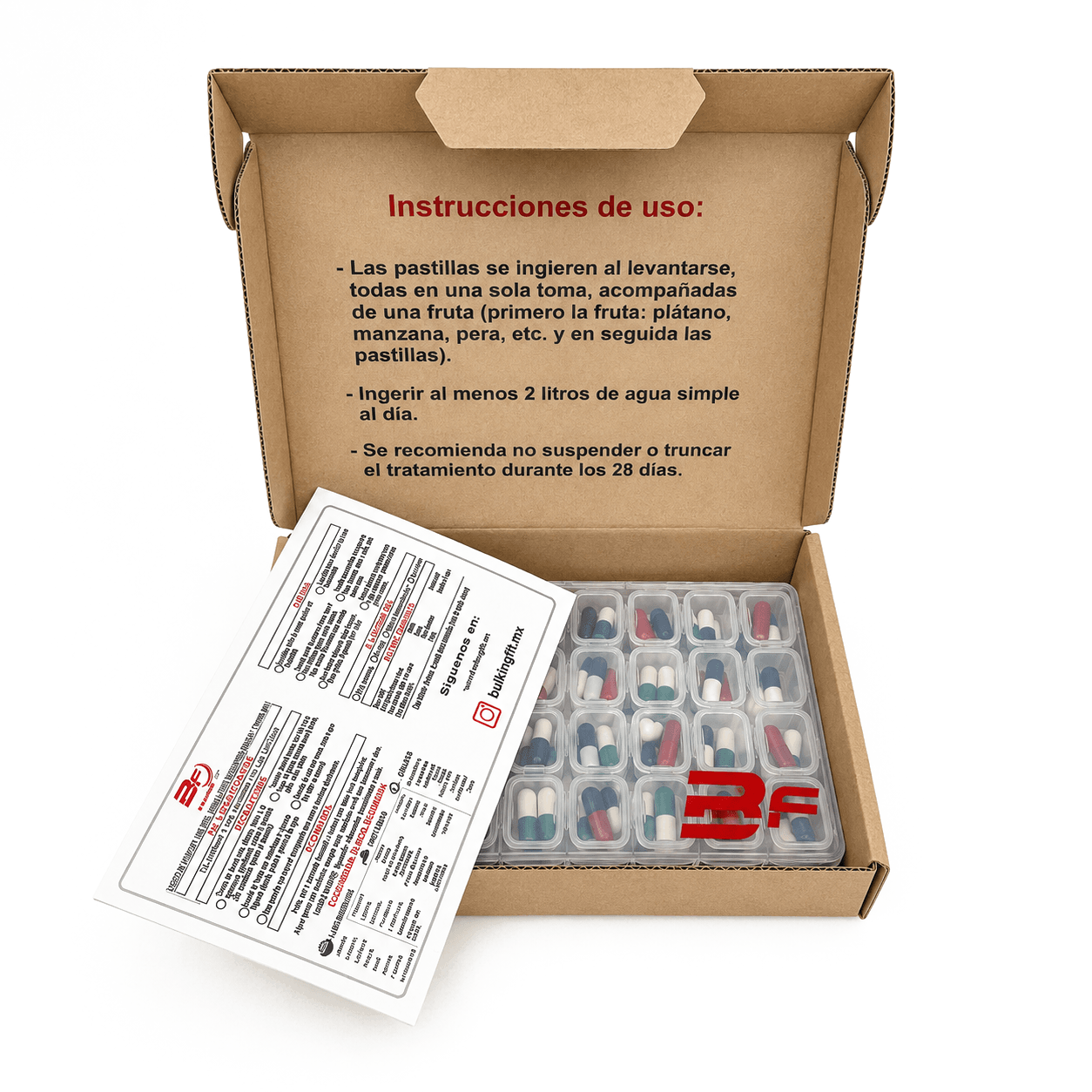 Pedido completo: pastillero con las 28 dosis e instrucciones
